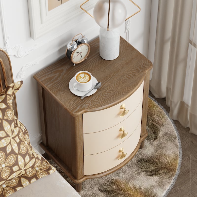 COZAYH Elegant 3-Drawer Nightstand with Gold Leaf Handles, Vintage Curved Front Design, Distressed Finish