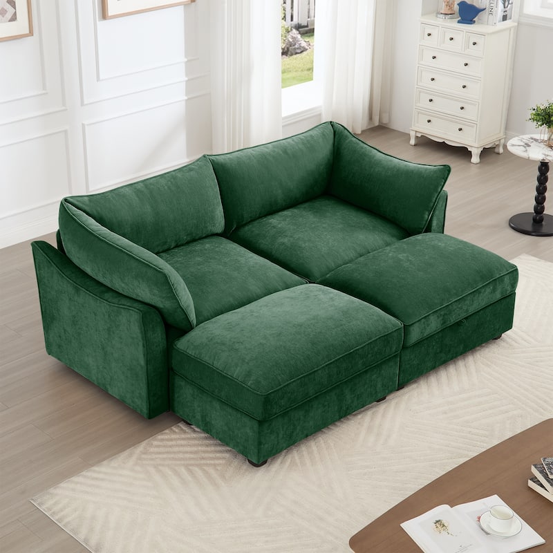2-Seater Loveseat with 2 Movable Ottoman & Pull out Storage Drawer Under - Green