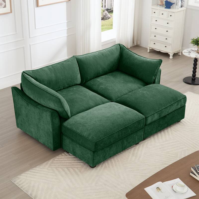 Modern Chenille Sectional Sofa Couch with Hidden Storage & 2 Ottoman - Green