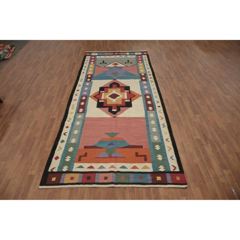 Hand Woven Oriental 100% Wool Carpet Southwestern Tribal Multi-Colored Kilim Area Rug - 12' 5'' X 5' 2''