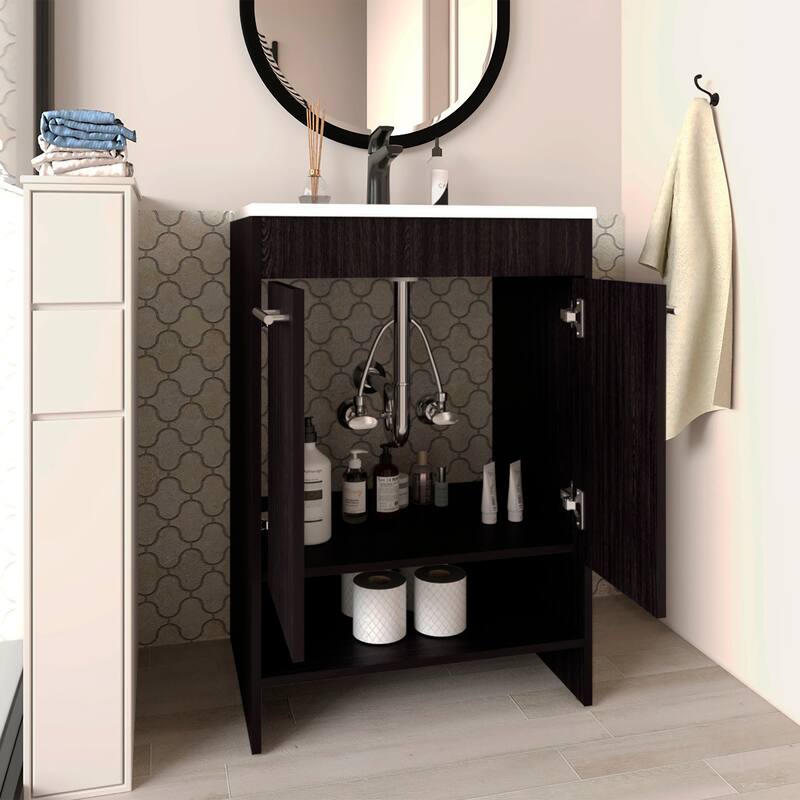 Lorenzo Floor Vanity With Four Drawers And Two Open Shelves, Black