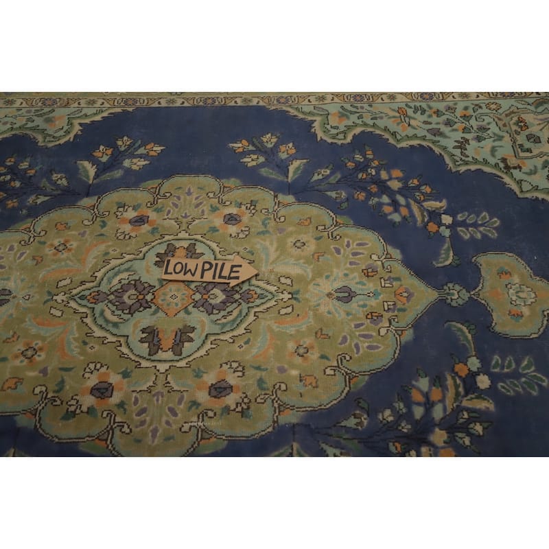 Hand Knotted Oriental 100% Wool Carpet Traditional Medallion Navy Blue & Blues Tabriz Area Rug - 9' 7'' X 6' 6''