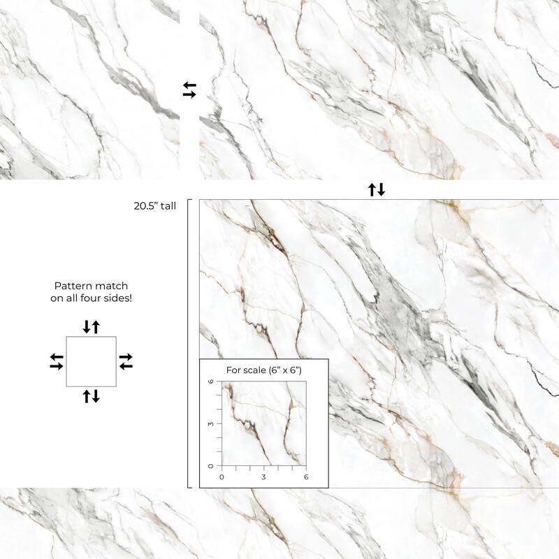 Harry & Grace Borghini Faux Calacatta Marble Peel and Stick Natural Wall Backdrop Panel - 20.5 in. W x 9 ft. L