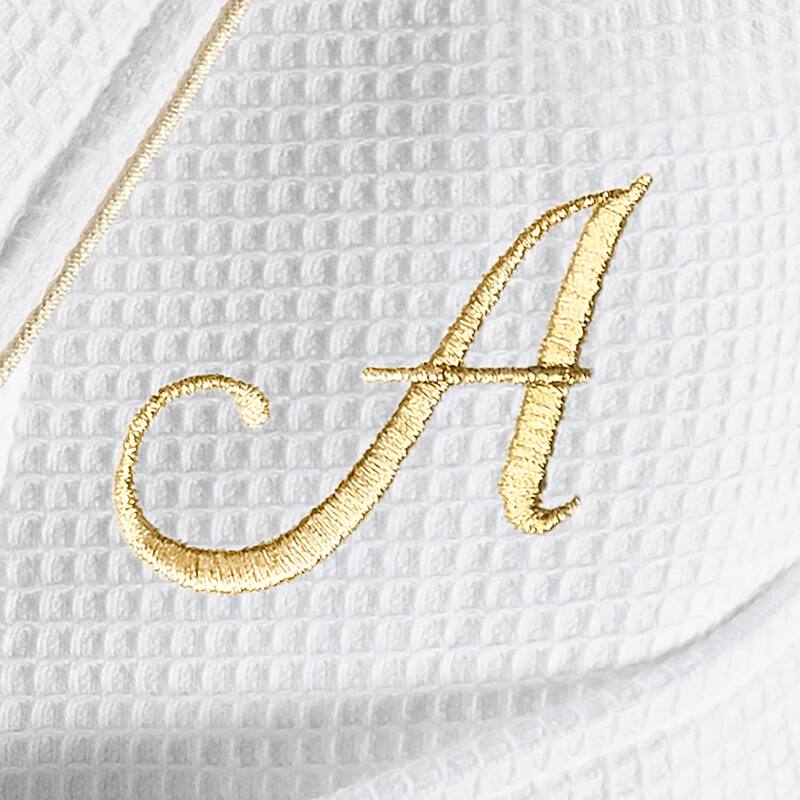 Authentic Hotel and Spa White/Gold Unisex Turkish Cotton Waffle Weave Terry Bath Robe with Gold Script Monogram