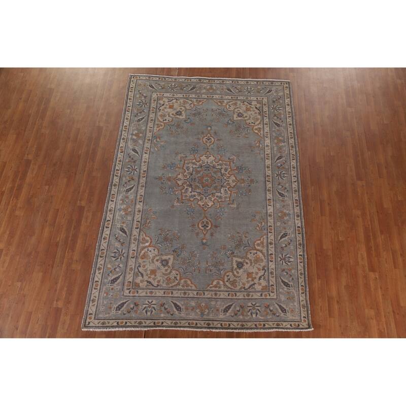 Hand Knotted Oriental 100% Wool Carpet Traditional Medallion Greys & Charcoal Tabriz Area Rug - 9' 7'' X 6' 8''