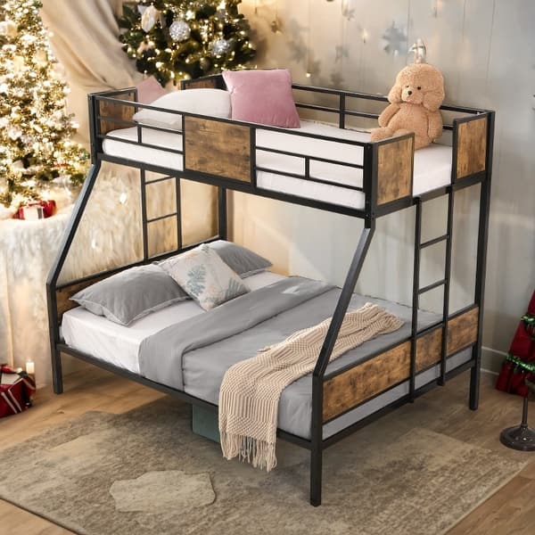 slide 2 of 8, Twin Over FULL Metal Bunk Bed with Trundle 2 - Side Ladder and Full-Length Guardrail Black+Brown