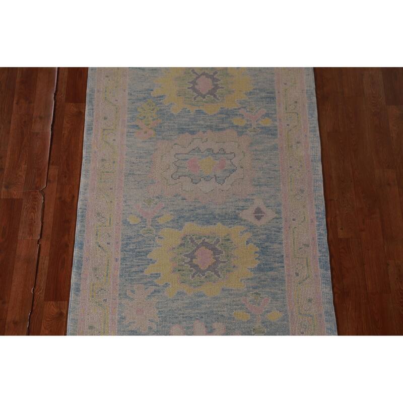 Hand Knotted Oriental 100% Wool Carpet Transitional Floral Navy Blue & Blues Oushak Runner Rug - 12' 9'' X 3' 2''
