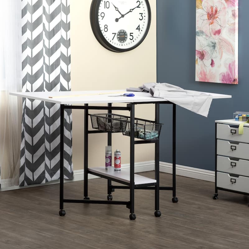 Sew Ready Standing Height (36" H) Mobile Folding Expandable Fabric and Die Cutting Table with Craft Storage- Charcoal / White