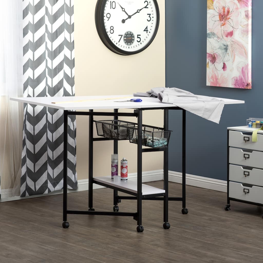 Sew Ready Standing Height (36" H) Mobile Folding Expandable Fabric and Die Cutting Table with Craft Storage- Charcoal / White