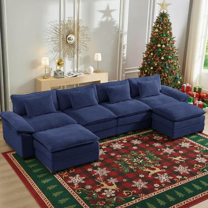 Modern 156''Oversized U-Shaped Modular Sectional Sofa with 2 Ottomans,6-Seat Cloud Couch,Chenille Sofa Sleeper Deep Seat Couches - 4+2 - Dark Blue
