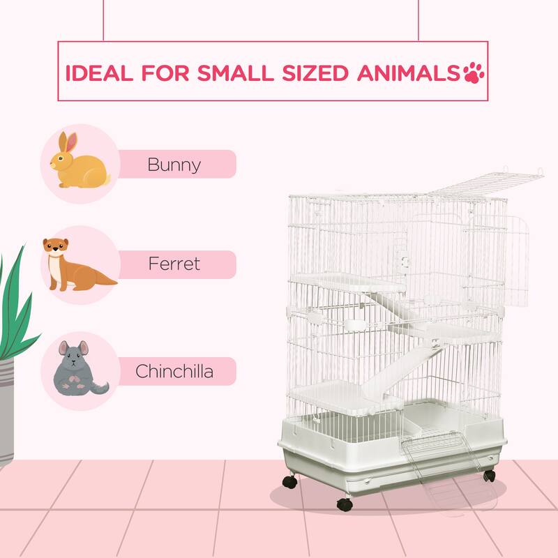 White Multi-Level Bunny Hutch with Top and Front Doors Safe Wire Bars Removable Tray Wheels - 32"L x 20.75"W x 43.25"H