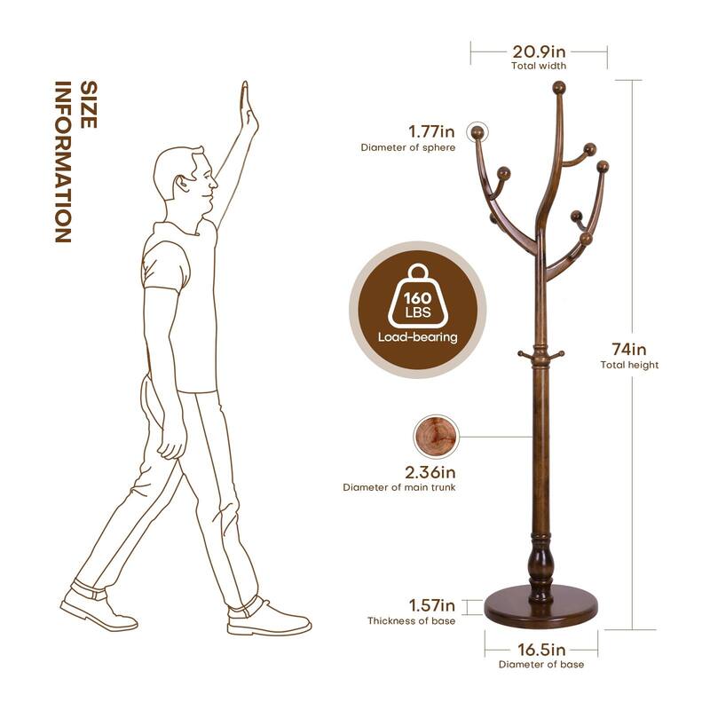 Rubberwood Coat Rack Freestanding, Entryway Coat Tree with Hooks - 74"H x 16.5"Dia