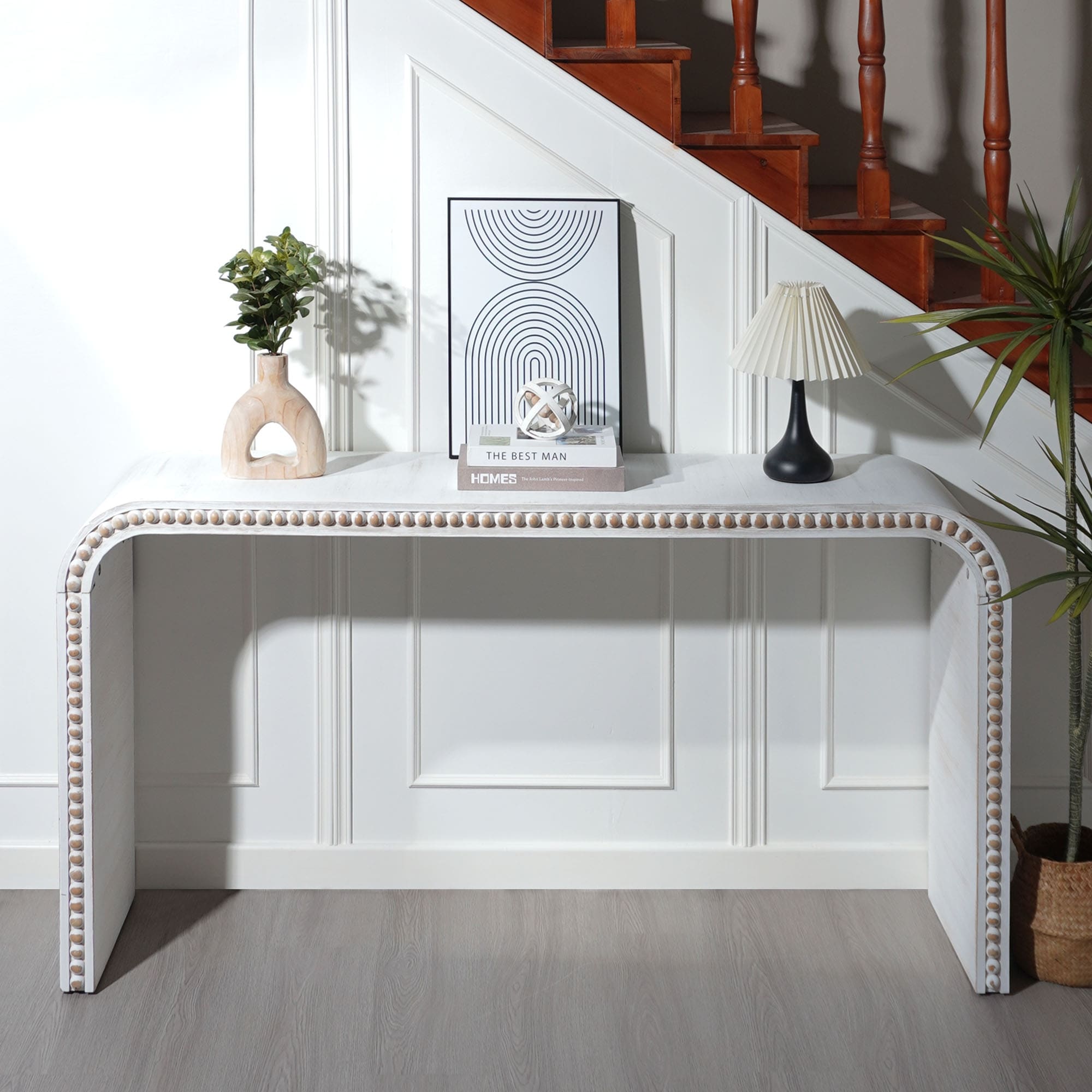59" Entryway Table Natural Wood Console Table with Wood Beads