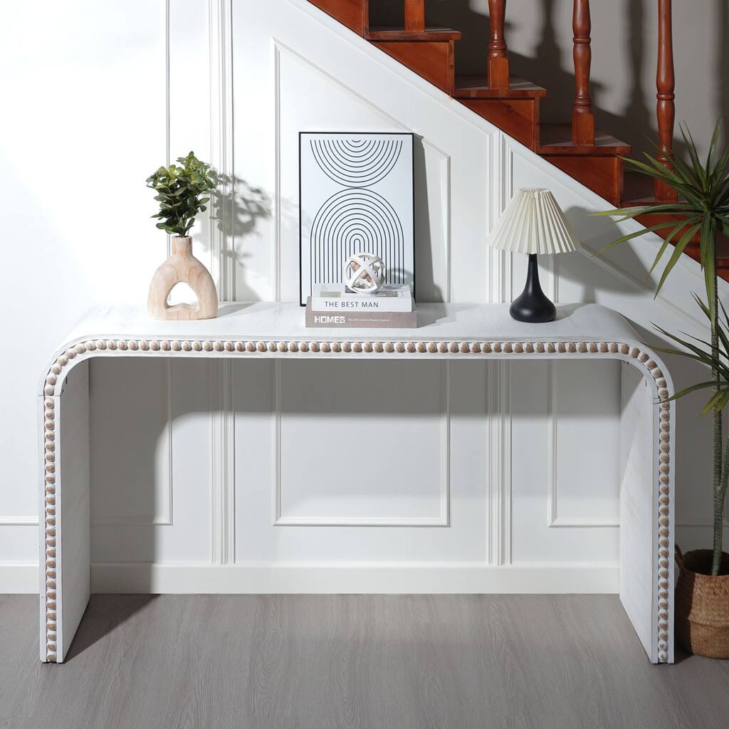 Modern Wood Console Table, Curved Waterfall-Style Table with Wood Beads, for Entryway, Hallway, Living Room and Foyer, White