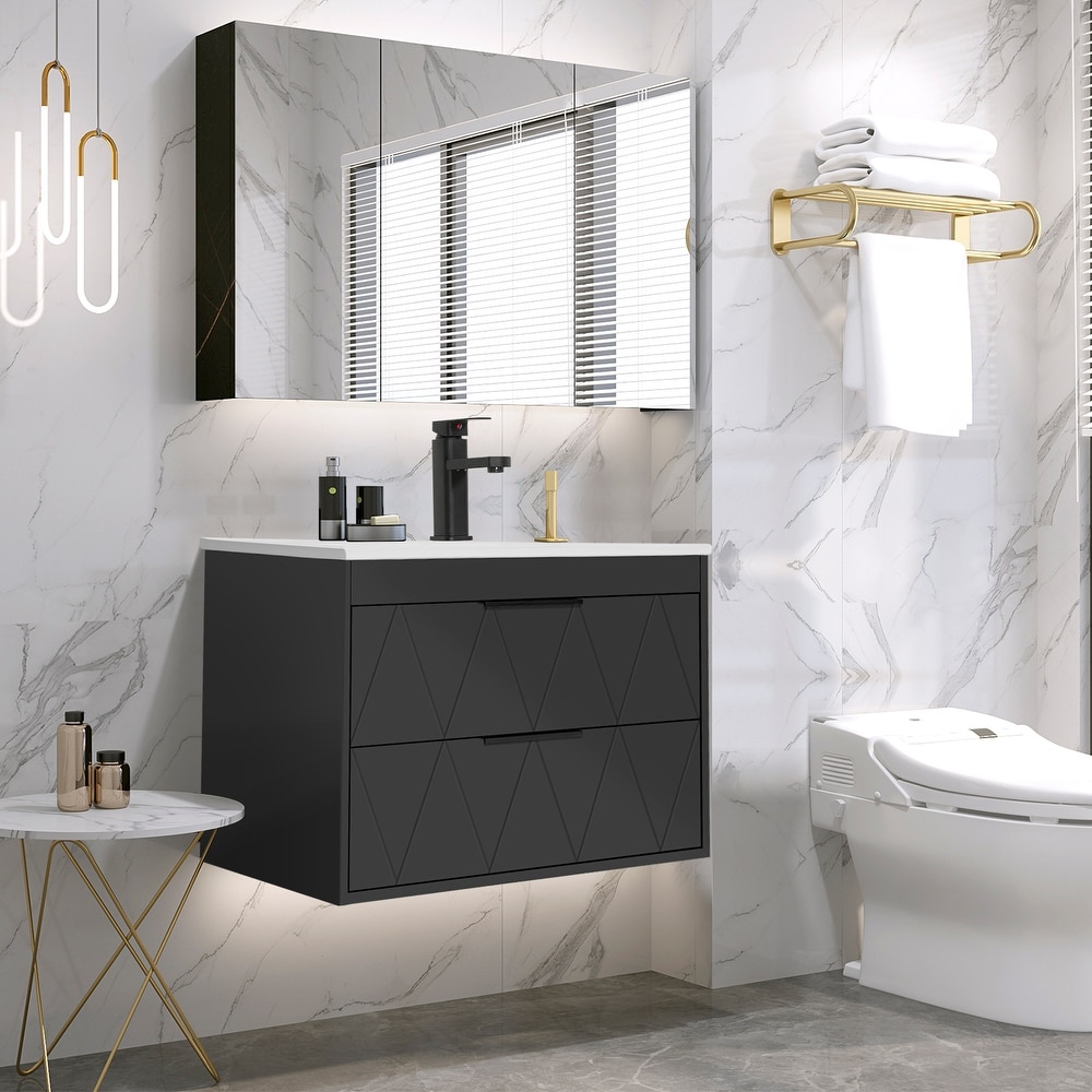 24 Floating Wood Bathroom Vanity Set with Black Sintered Stone Top &  Ceramic Sink