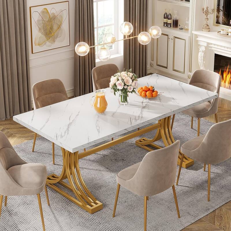 63" Rectangular Dining Table, Modern Kitchen Table with Faux Marble Top for Dining Room - Gold+White