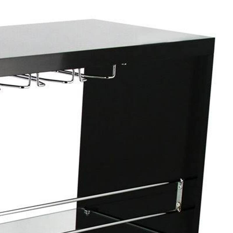Zaina 42 Inch Modern Bar Table, 3 Shelves, Tempered Glass, Black, Chrome