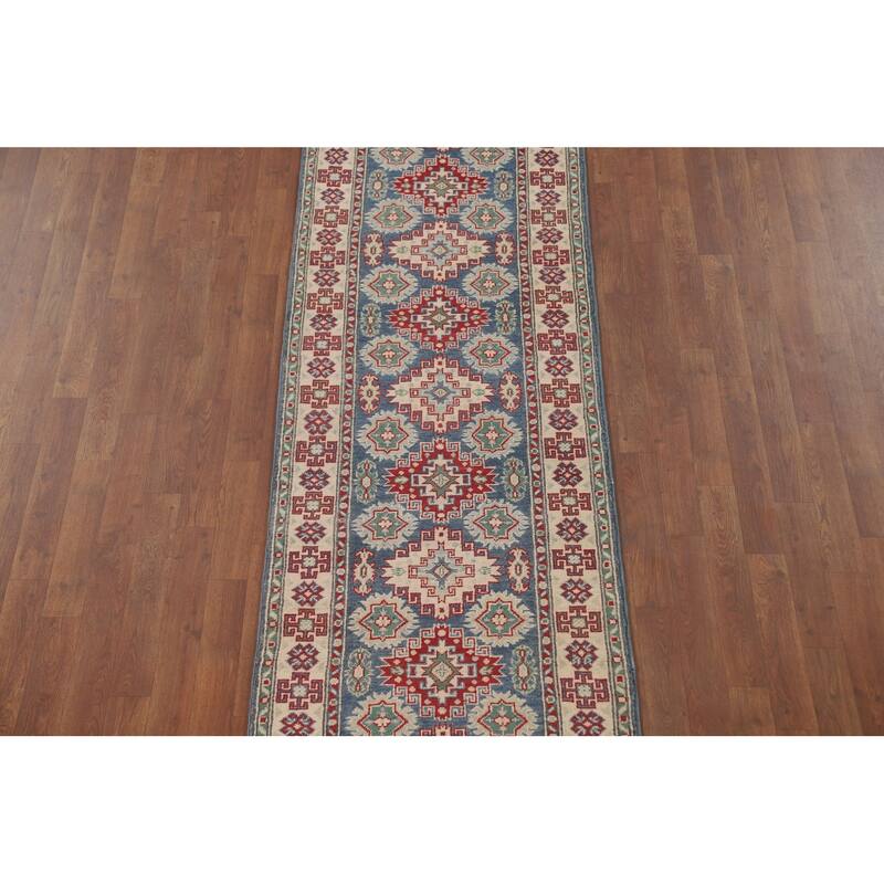 Geometric Kazak Runner Rug Hand-Knotted Blue Wool Carpet - 2'6" x 12'8"