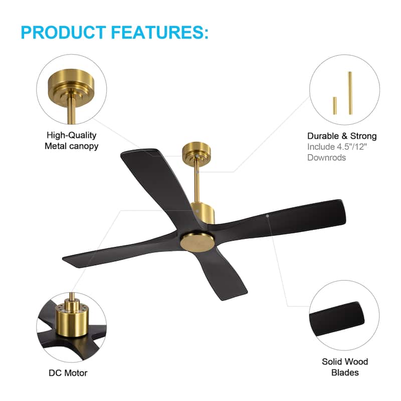 MLiAN 54 inch 4 Soild Wood Blades Indoor Ceiling Fan with Remote - 54 inch