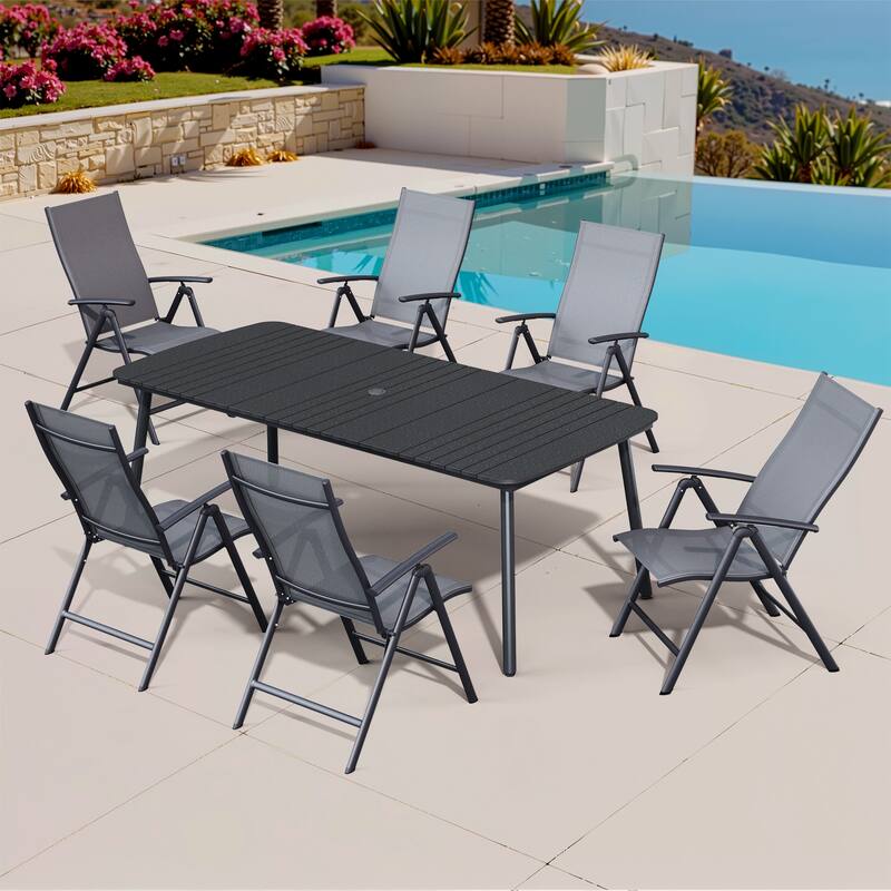 Outdoor Patio Dining Table Rectangular Aluminum with Durable Adjustable Reclining Folding Chair