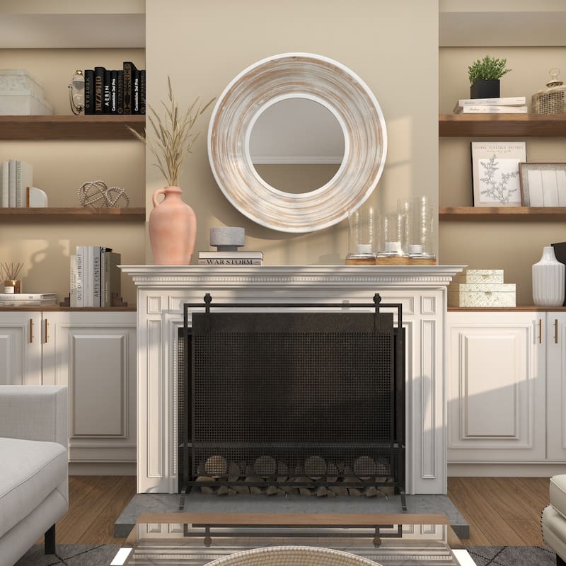 Wooden Room Wall Mirror with White Wash Effect - Cream - Roche River Decor