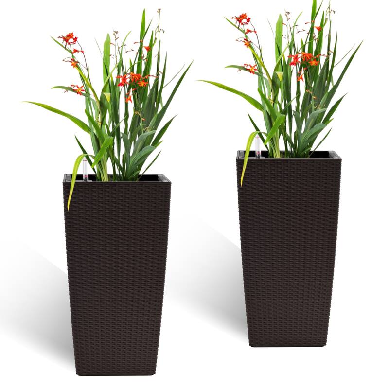 22-Inch High Faux Rattan Design Square Flower Pot with Automatic Watering System, Makes Keeping Flowers Easier (Pack of 2) - Brown