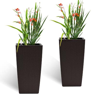 22-Inch High Faux Rattan Design Square Flower Pot with Automatic Watering System, Makes Keeping Flowers Easier (Pack of 2)