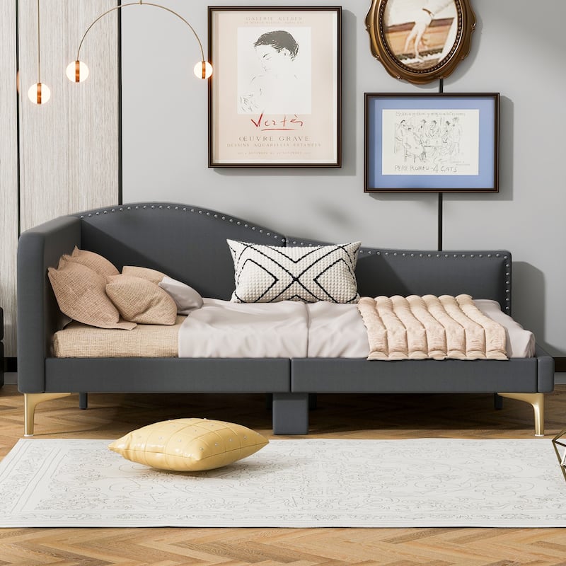 Full Size Upholstered Daybed with Headboard and Armrest - Grey