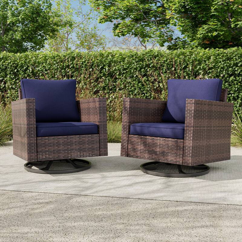 BONOSUKI 2-Piece Patio Chair Set Brown Rattan Swivel Rocking Chair Set, Outdoor Furniture PE Wicker Set - Brown/NavyBlue