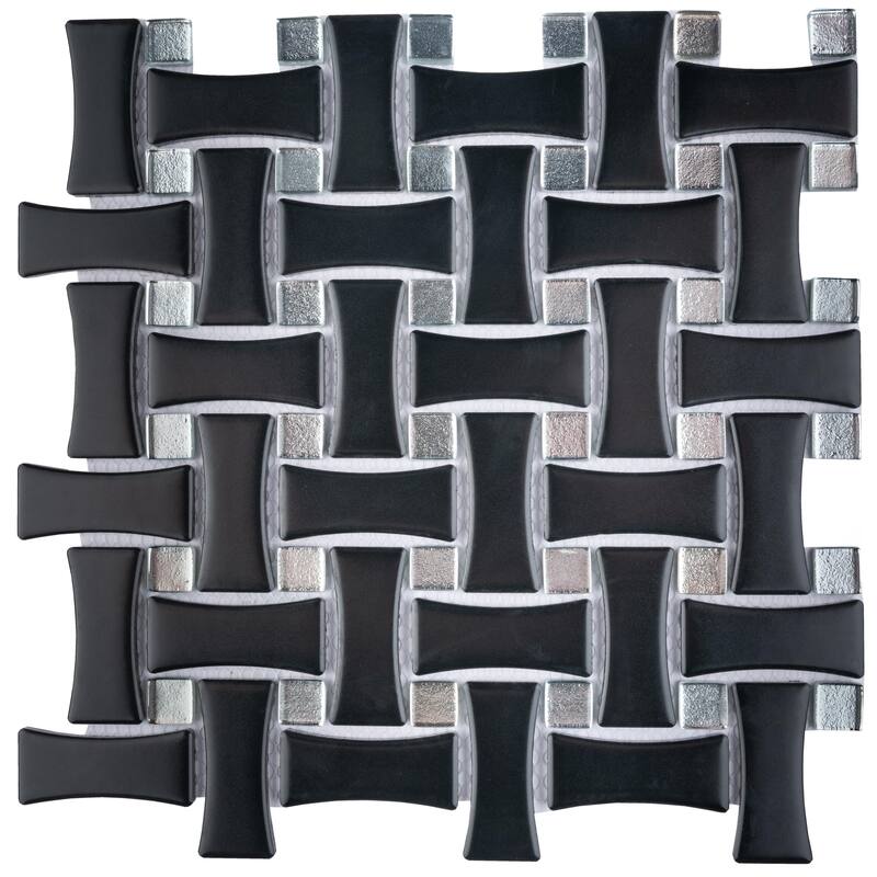 Merola Tile Metro Dog Bone Basketweave Matte Black with Glass Silver Dot 10" x 10" Porcelain Mosaic Wall Tile