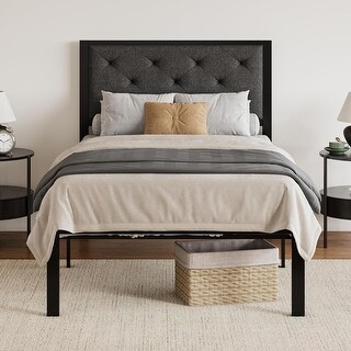 Twin Size Metal Platform Bed Frame with Linen Upholstered Headboard ...