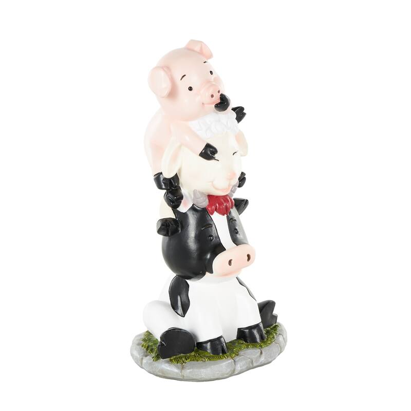 Multi Colored Polystone Stacked Farm Animals Decorative Sculpture with Gray and Green Accents