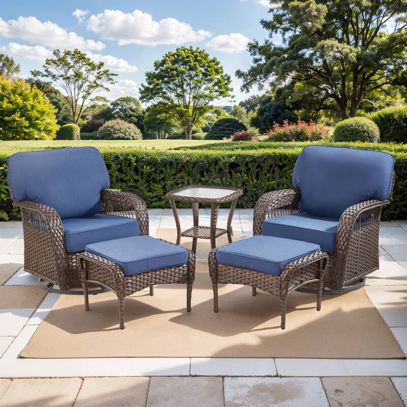 Pocassy Swivel Chair Table with Outdoor Ottoman Set. - Brown Wicker Blue Cushion - 5-Piece Swivel Chair Ottoman w/ Side Table