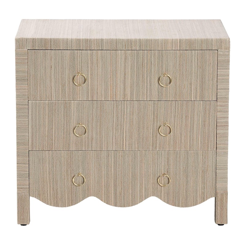 Umika Grasscloth Nightstand with Scalloped Base - 3-Drawer Accent Chest with Gold Ring Pulls, Bedroom Storage Table