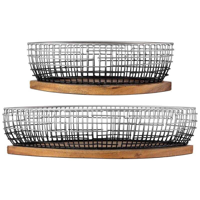 Oblong Iron Baskets with Wooden Base - 15" - Silver and Black - Set of 2