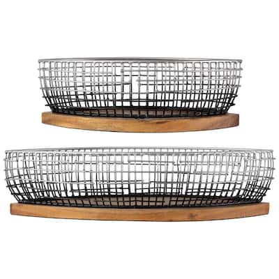Oblong Iron Baskets with Wooden Base - 15" - Silver and Black - Set of 2