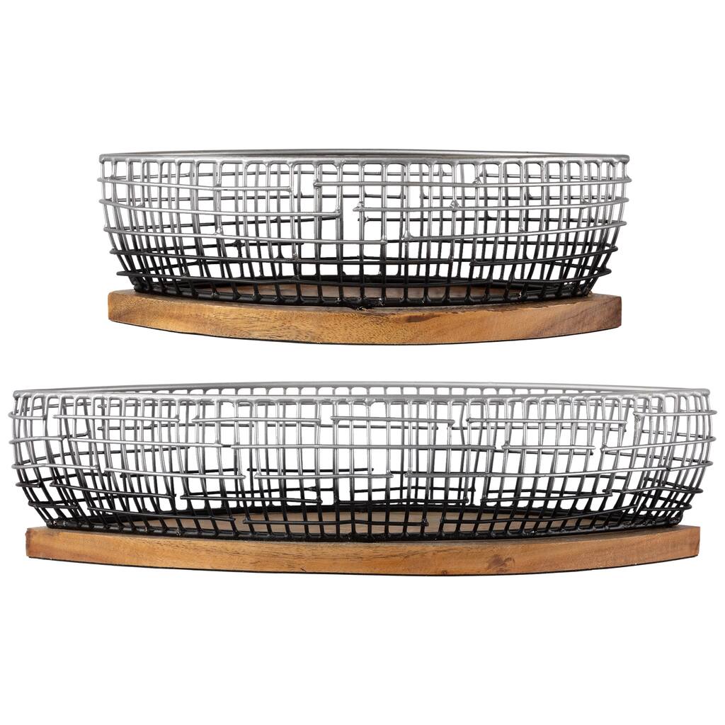 Oblong Iron Baskets with Wooden Base - 15" - Silver and Black - Set of 2