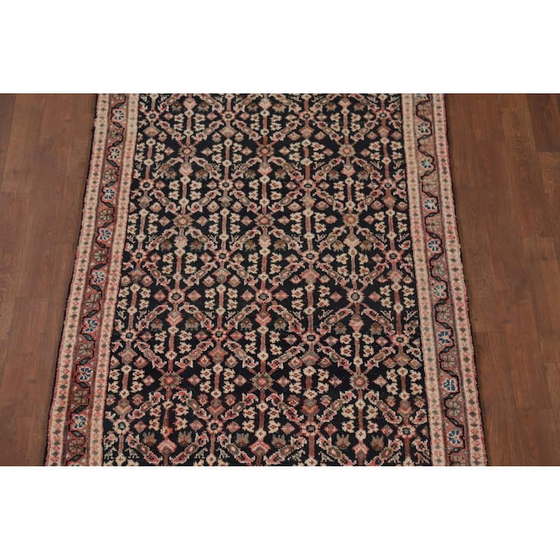 Geometric Mahal Vintage Persian Runner Rug Handmade Wool Carpet - 3'5" x 11'1"