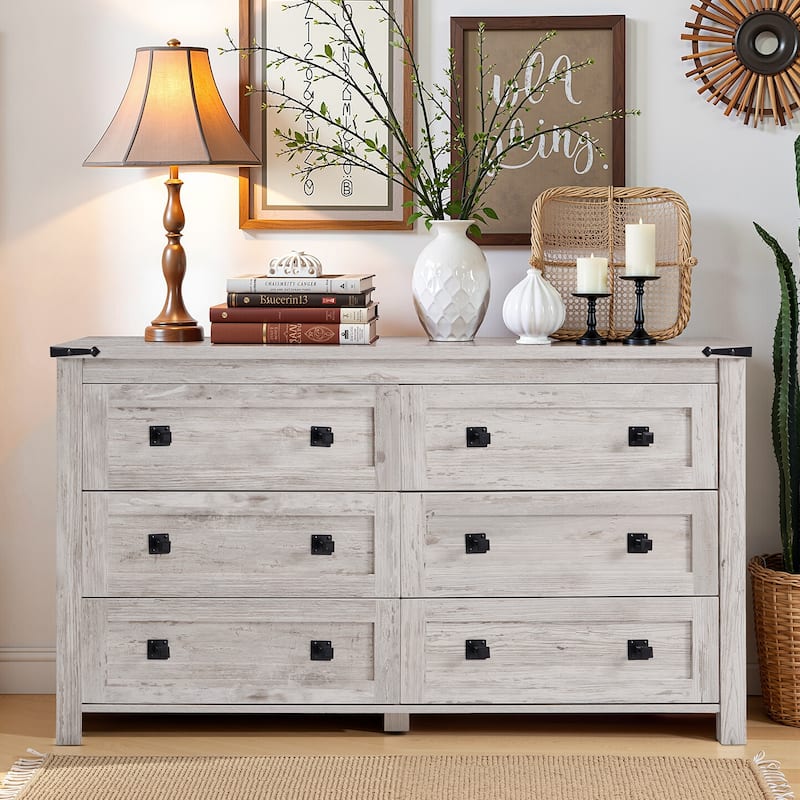 Farmhouse 6 Drawer Dresser, Wood TV Stand, Chest of Drawers - Antique Brushed White