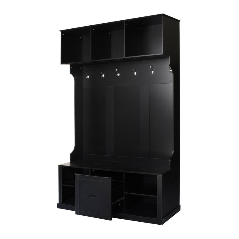 Storage Bench with Shoe Rack 57" Hall Tree Wood Coat Tree with 6 Hooks, Open Coat Hanger for Entrance, Living Room
