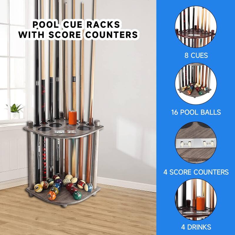 GSE™ 8-Pool Cue Wooden Corner-Style Billiard Pool Cue Rack. Floor Stand Pool Cue Stick Holder