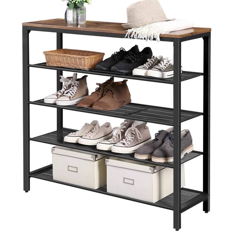 Black-Brown Metal-Wood Shoe Rack with 4 Shelves and Rustic Top Surface - 36.4'' H x 39.4'' W x 11.8''