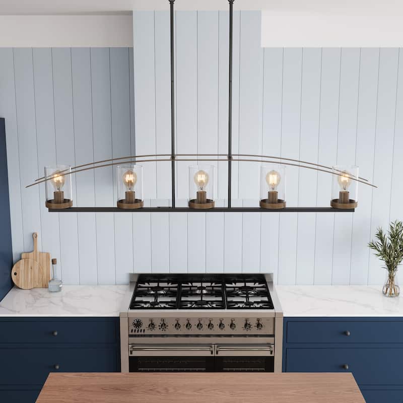 Farmhouse Black 5-Light Glass Kitchen Island Chandelier with Linear Design