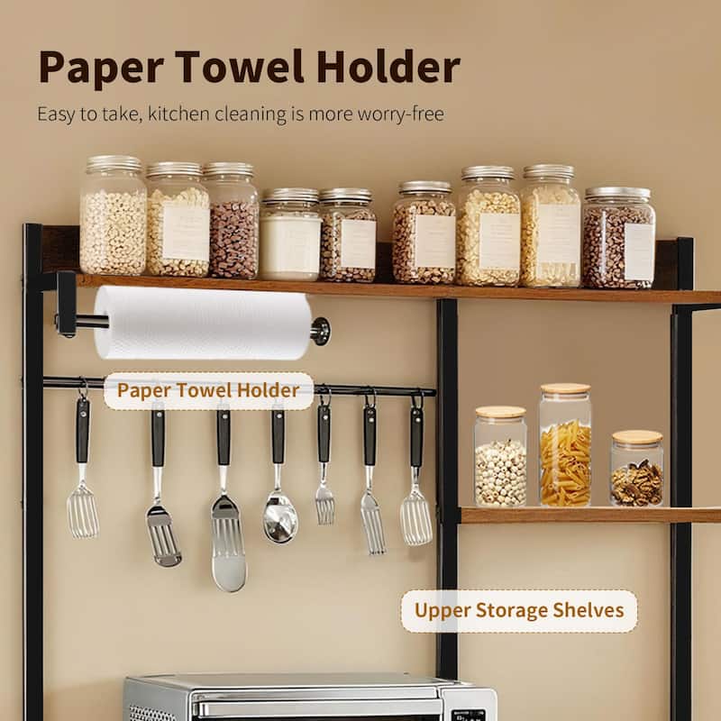 Bakers Rack with Power Outlet, Microwave Stand with Storage, Coffee Bar with S-Shaped Hooks, Kitchen Shelf with Wire Basket
