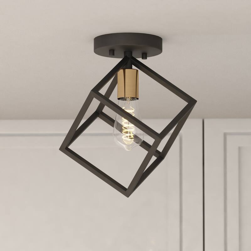 Deering 10.25-in W LED Compatible Matte Black and Gold Satin Brass Contemporary Flush Mount Ceiling Light Fixture - Matte Black and Satin Brass - 10.25-in W x 12-in H x 10.25-in D