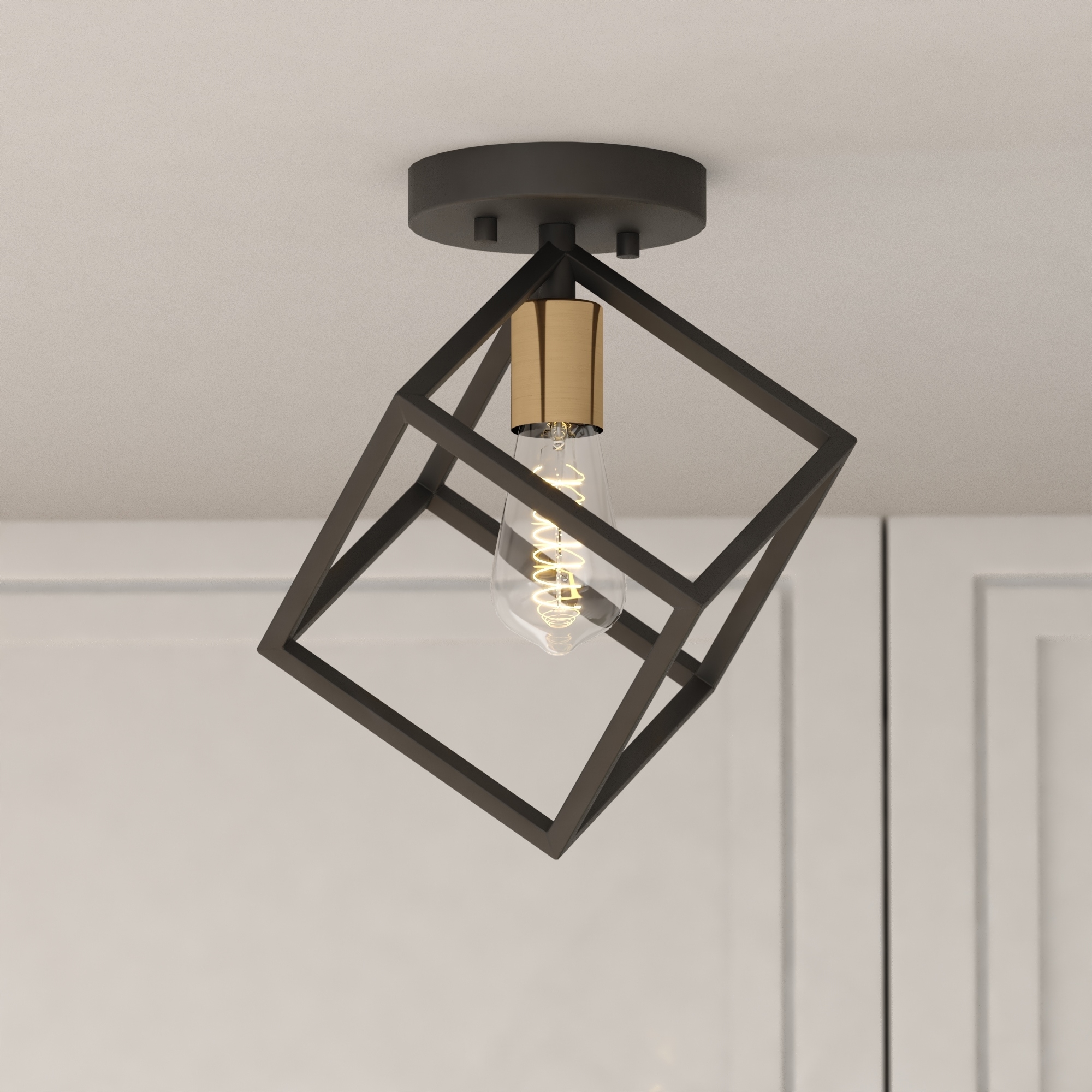 VAXCEL Deering 10.25-in W LED Compatible Matte Black and Gold Satin Brass Contemporary Flush Mount Ceiling Light Fixture