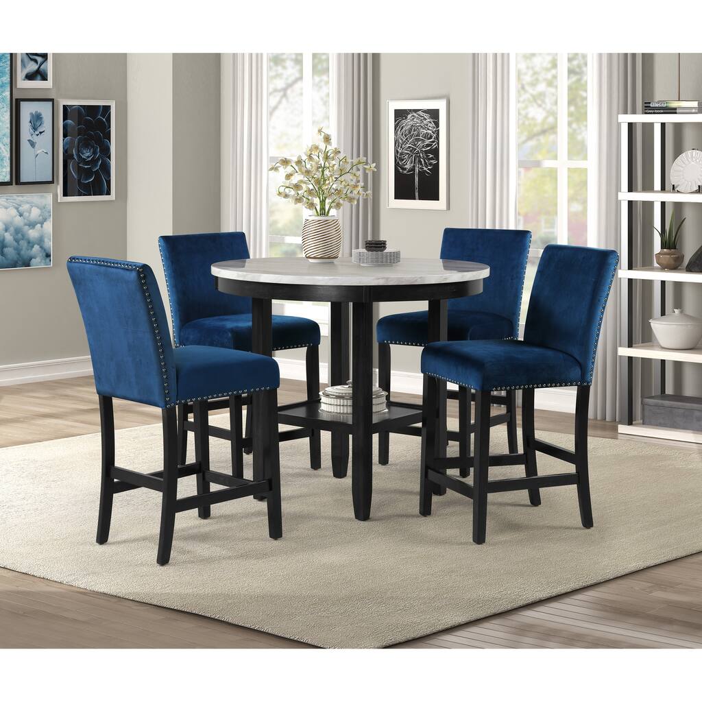 5pc Wooden Dining Set with Round Dining Table & 4 Upholstered Chairs