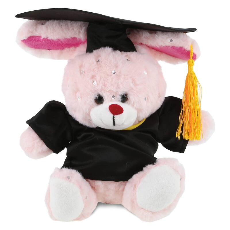 DolliBu Rose Gold Bunny Graduation Plush Toy with Gown and Cap - 8 inches