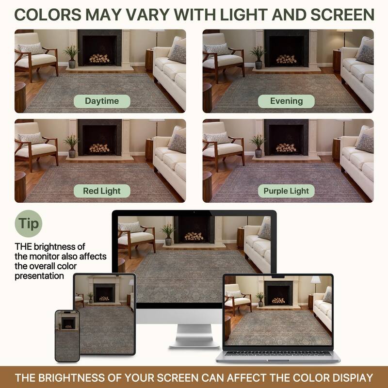 Mcow Vintage Floral Low-Pile Machine Washable Non-Slip Area Rug