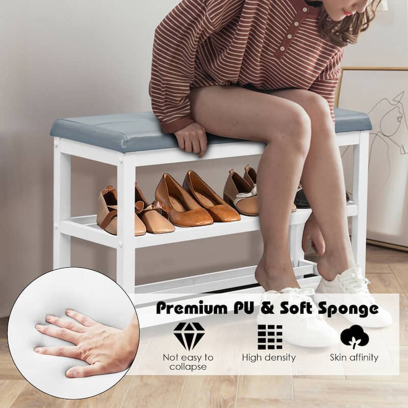 Gymax 2-Tier Wooden Shoe Rack Bench w/Padded Seat for Entryway Bedroom - 31'' x 16'' x 24''